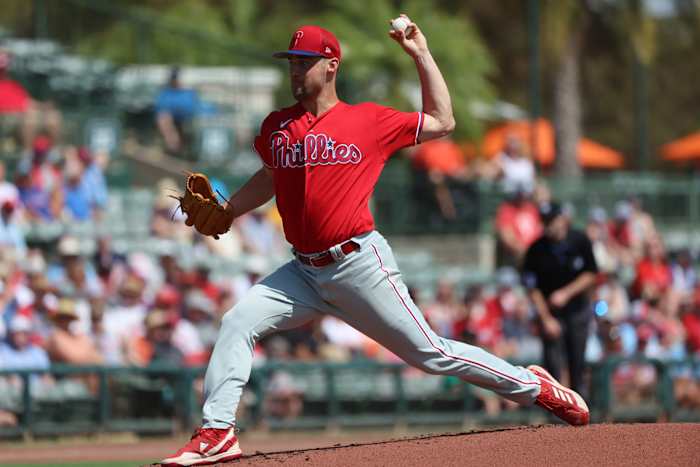 Philadelphia Phillies relief pitcher Michael Plassmeyer throws a pitch during the first inning against the Baltimore Orioles. (2023)